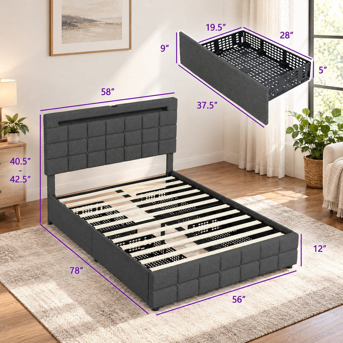 Airfind Upholstered LED Bed Frame with Headboard and 4 Drawers, 880 lbs Capacity, 78 x 43.5 x 40.5-42.5(L x W x H) Drawer Footprint, Gray