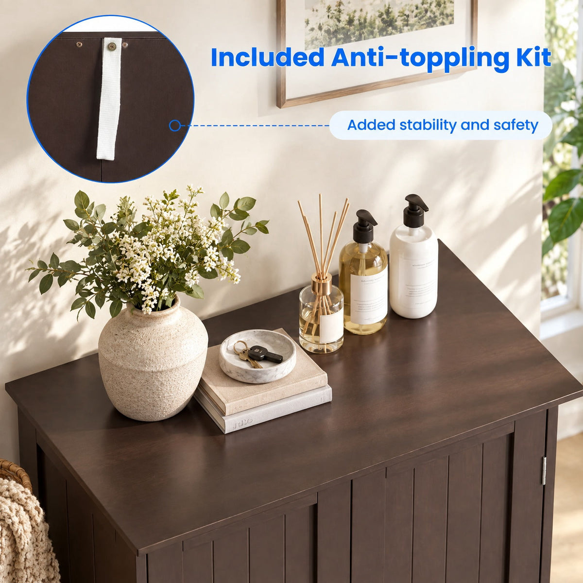 Airfind Bathroom Floor Storage Double Door Cupboard Cabinet, 22 lbs Capacity, MDF Frame, 24in x 14in x 34.5in Footprint, Brown