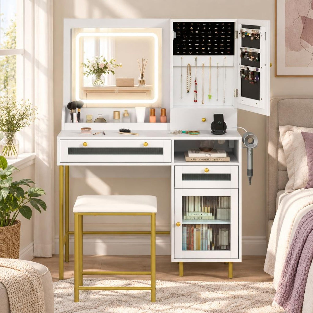 Airfind Modern Makeup Vanity Desk with Mirror and Lights and Stool Set, 110 lbs Capacity, Engineered Wood Frame, 38in x 15.5in x 53.5in Footprint