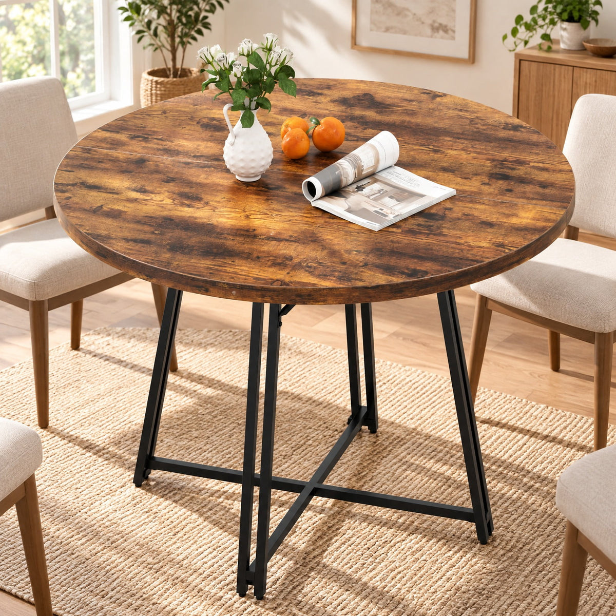 Airfind 47 Inch Dining Table for 4-6 People Round Kitchen Table with Cross Base, 200 lbs Capacity, Metal MDF Frame, 47 x 30.5 Footprint, Brown