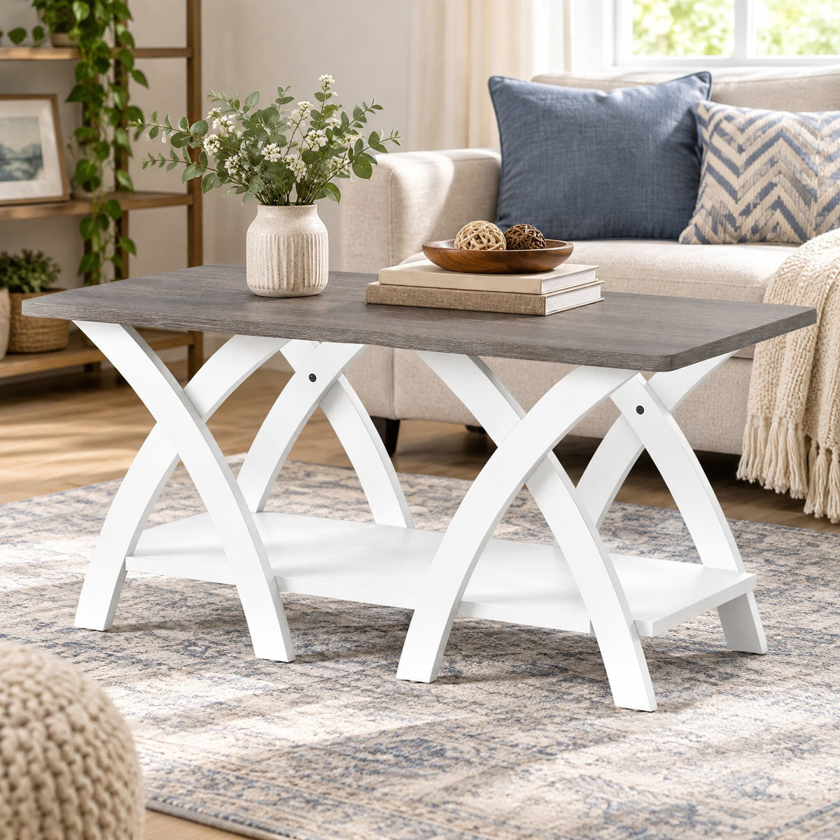 Airfind 40 Inch Farmhouse Wooden Coffee Table with Storage Shelf with X-shaped Legs, 155 lbs Capacity, Rubber Wood Plywood MDF Frame, Gray