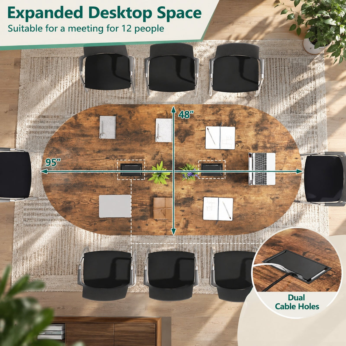 Airfind Oval Conference Industrial Executive, 95 Inches, Table with Dual Cable Holes, 265 lbs Capacity, Engineered Wood Metal Frame, Brown