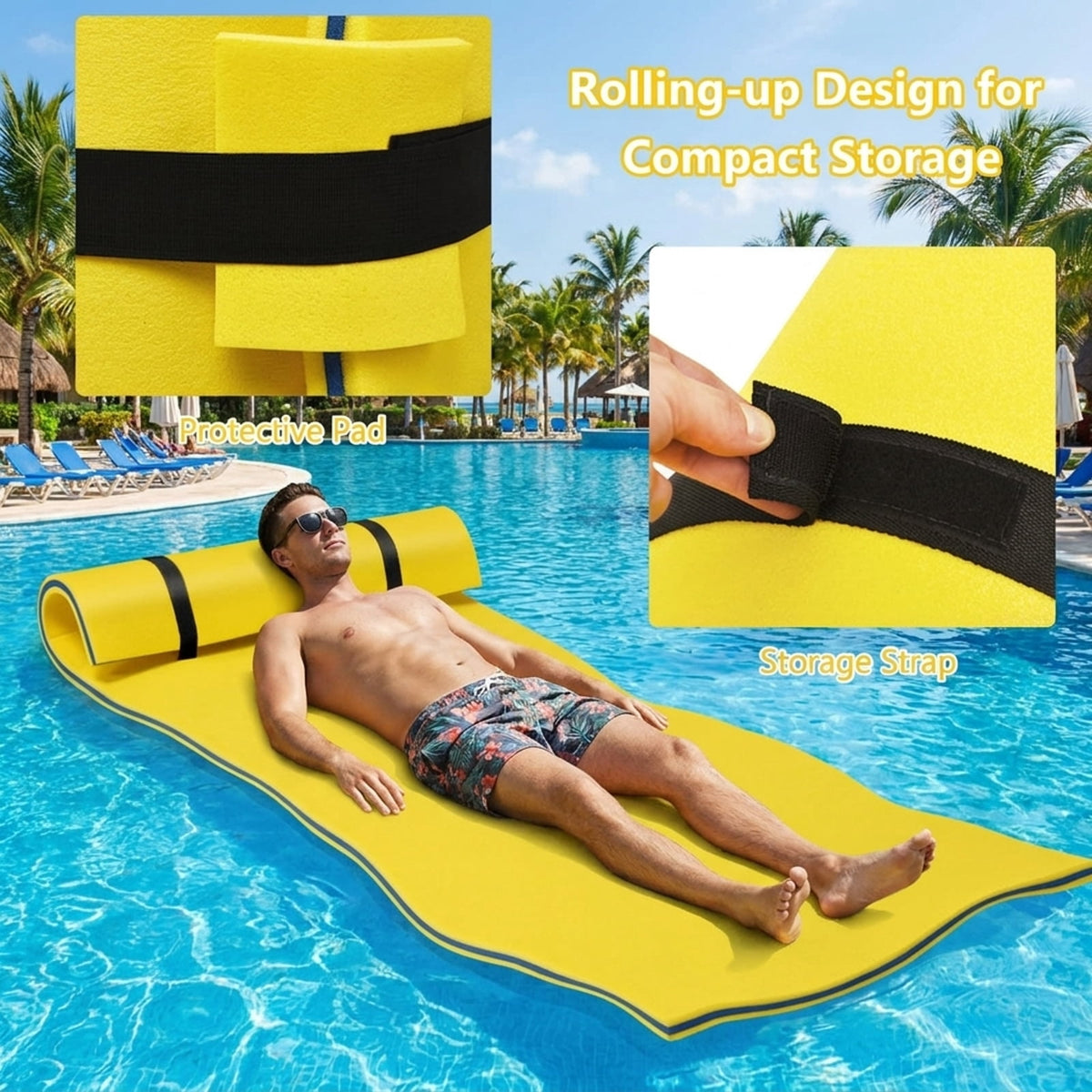 Airfind Triple-Layer Lake Float Pad with Roll-Up Storage, Yellow