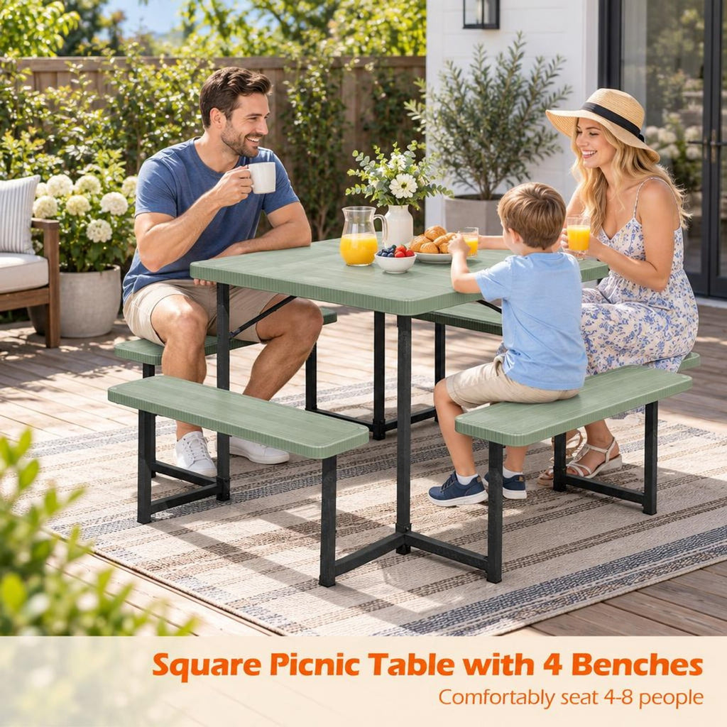Airfind Outdoor Square Picnic Table Bench Set for 4-8 People with Umbrella Hole, Table 110 lbs Capacity, HDPE Metal Frame, 63 x 63 x 30 Footprint