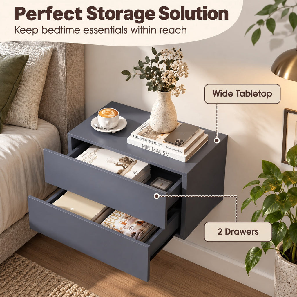 Airfind Floating Nightstand with 2 Storage Drawers Wall Mounted for Bedroom, 11 lbs Capacity, Engineered Wood Frame, 16.5in x 12in x 11.5in Footprint