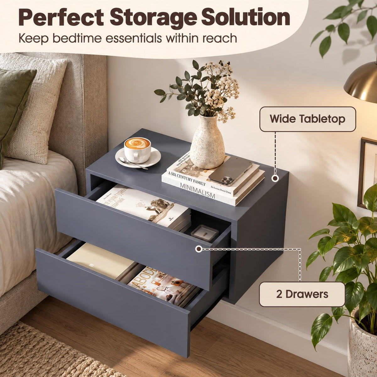 Airfind Floating Nightstand with 2 Storage Drawers Wall Mounted for Bedroom, 11 lbs Capacity, Engineered Wood Frame, 16.5in x 12in x 11.5in Footprint