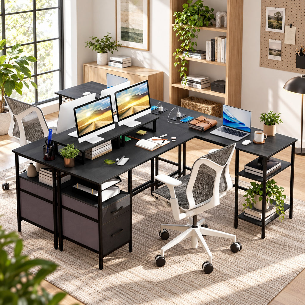 Airfind L Shaped Desk with Power Outlet Reversible Computer Desk with Monitor Stands, 155 lbs Capacity, Engineered Wood Metal Fabric Frame, Black