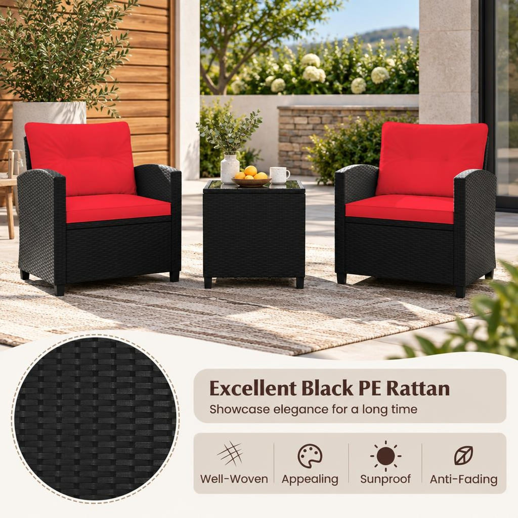 Airfind 3 Pieces Patio Furniture Set with Tempered Glass Coffee Table, 400 lbs Capacity, PE Rattan Metal Tempered Glass Polyester Sponge Frame, Red