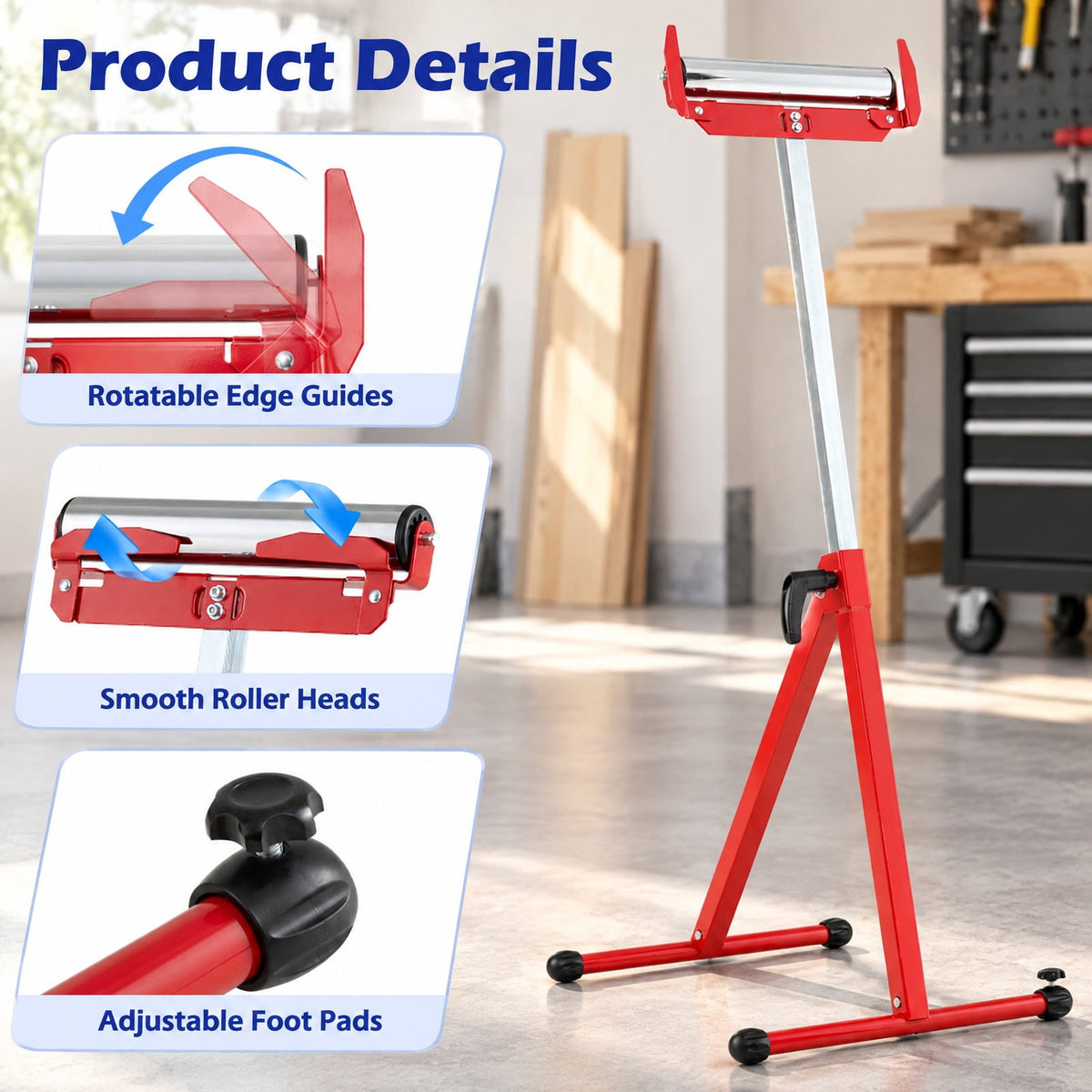 Airfind 2-Pack Folding Roller Stands Portable Outfeed Supports with Adjustable Height, 250 lbs Capacity, Metal ABS PE PP Frame, Red