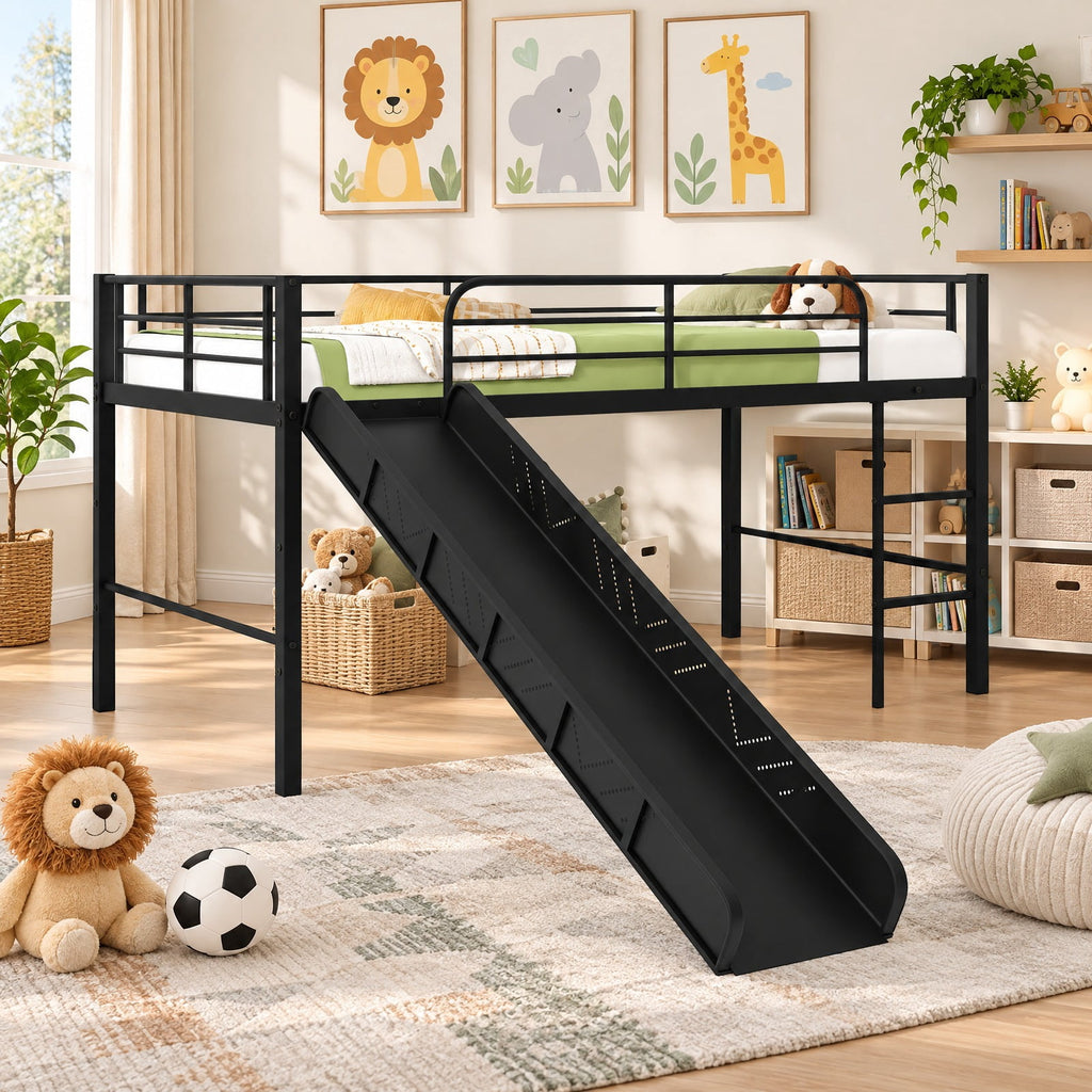 Airfind Twin Metal Loft Bed with Slide Safety Guardrails and Built-in Ladder, 330 lbs Capacity, Steel Frame, 78 x 98 x 43 Footprint, Black