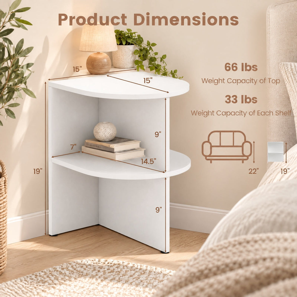 Airfind End Table, Half Round, with Open Shelves for Small Space, 66 lbs Capacity, Engineered Wood, 15 Inch x 15 Inch x 19 Inch/38 x 38 x 48.5 cm, Coffee
