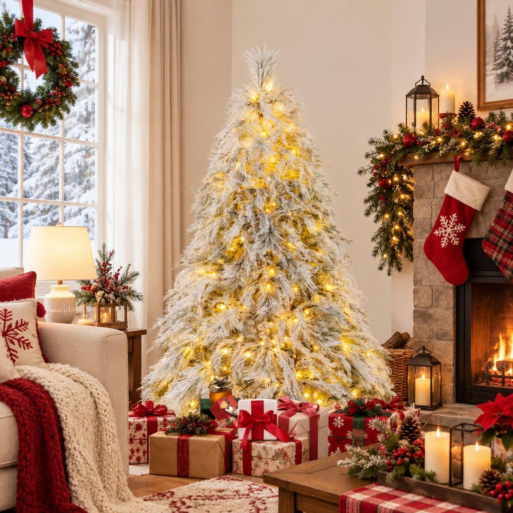 Airfind 6 Feet Pre-Lit Snow Flocked Christmas Tree with Warm White LED Lights-6 ft, White, Diameter of Stand 20/18/16 Inch