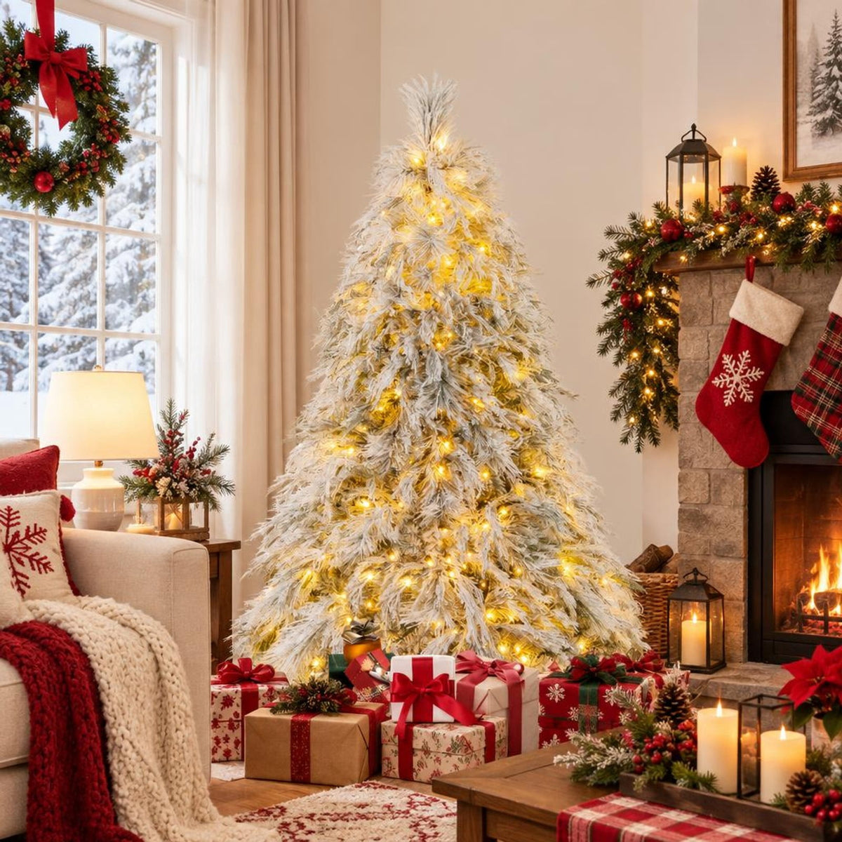 Airfind 6 Feet Pre-Lit Snow Flocked Christmas Tree with Warm White LED Lights-6 ft, White, Diameter of Stand 20/18/16 Inch
