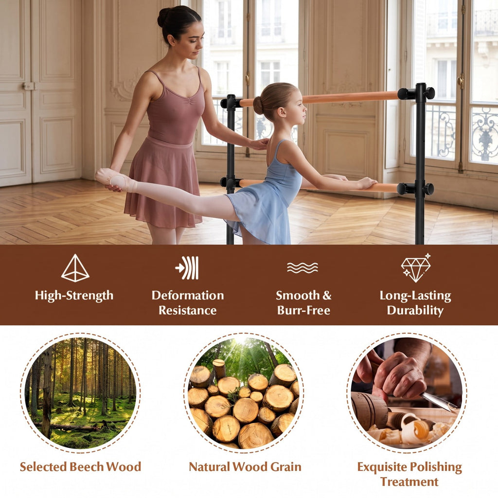 Airfind 4 Foot Freestanding Double Ballet Barre with Beech Wood Rails and 4 Level Height Adjustment for Studio and Home, Black