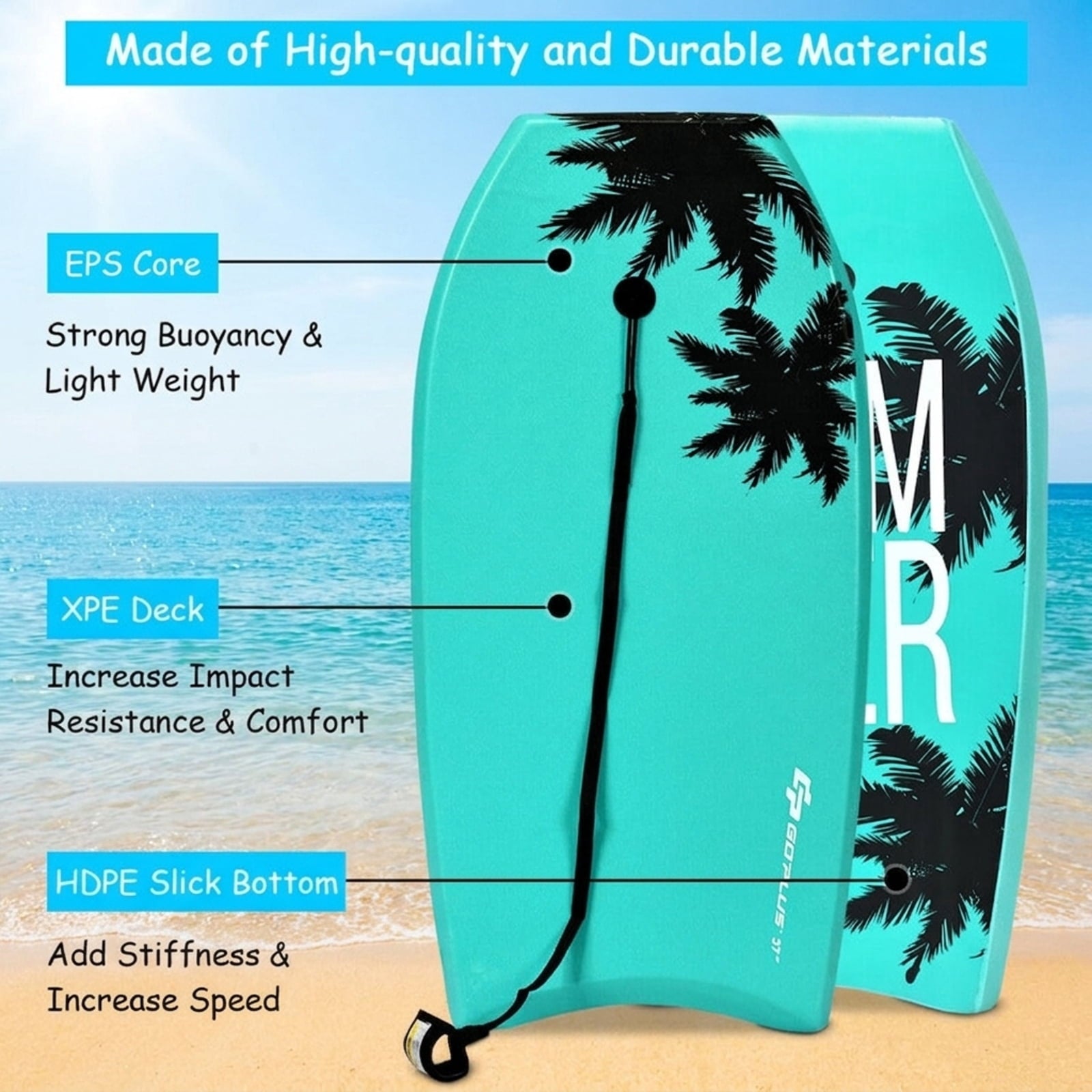 Airfind 37 Inch XPE Bodyboard for Teens ¡ª Soft Deck, EPS Core, HDPE Slick Bottom with Twin Channels, Crescent Tail, Coiled Leash Included (Green)