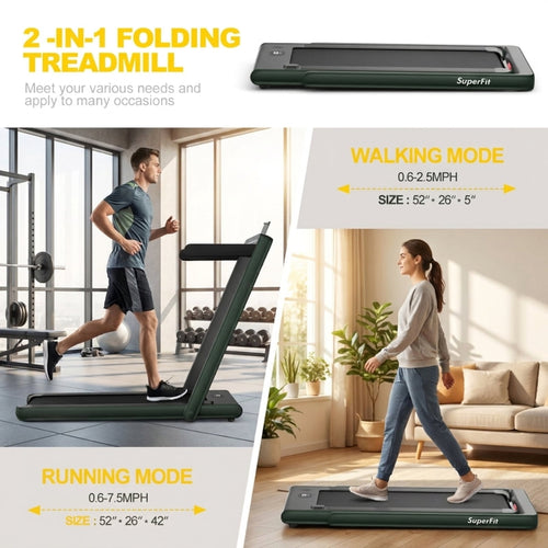 Airfind 2-in-1 Walk-to-Run Folding Treadmill for home with audio console and app sync plus cushioned belt for small spaces, Green