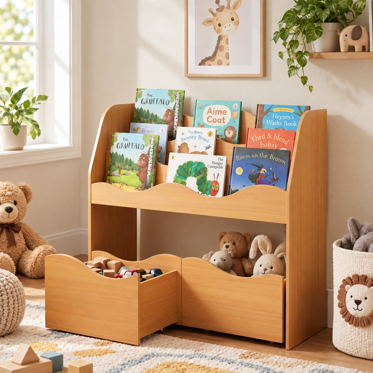 Airfind Kids Toy Wooden Storage Organizer with 2 Rolling Drawers for Kids Room, 11 lbs Capacity, Engineered Wood Frame, Natural