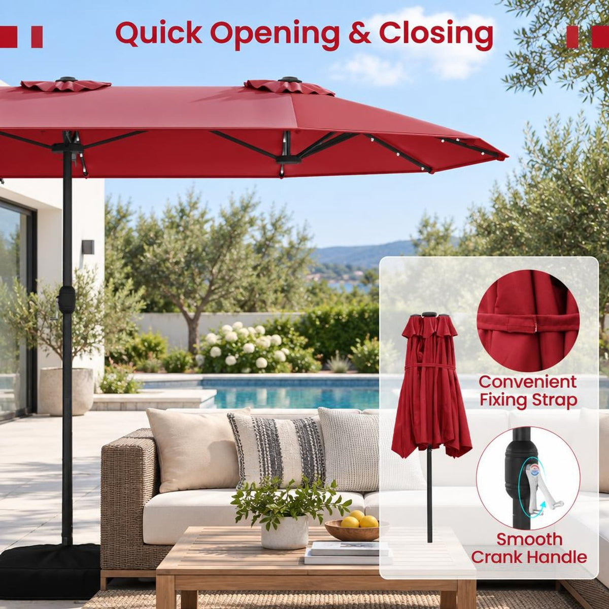 Airfind 13FT Double-sided Patio Umbrella with Solar Lights for Garden Pool Backyard, Metal 180g Yarn Dyed Fabric PA Coating Frame, Wine