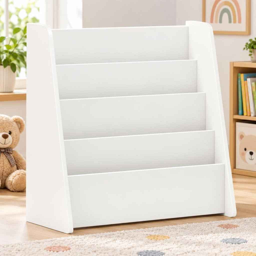 Airfind 4-Tier Kids Bookshelf with Deep Compartments for Bedroom, White, 4 open and deep compartments for book storage