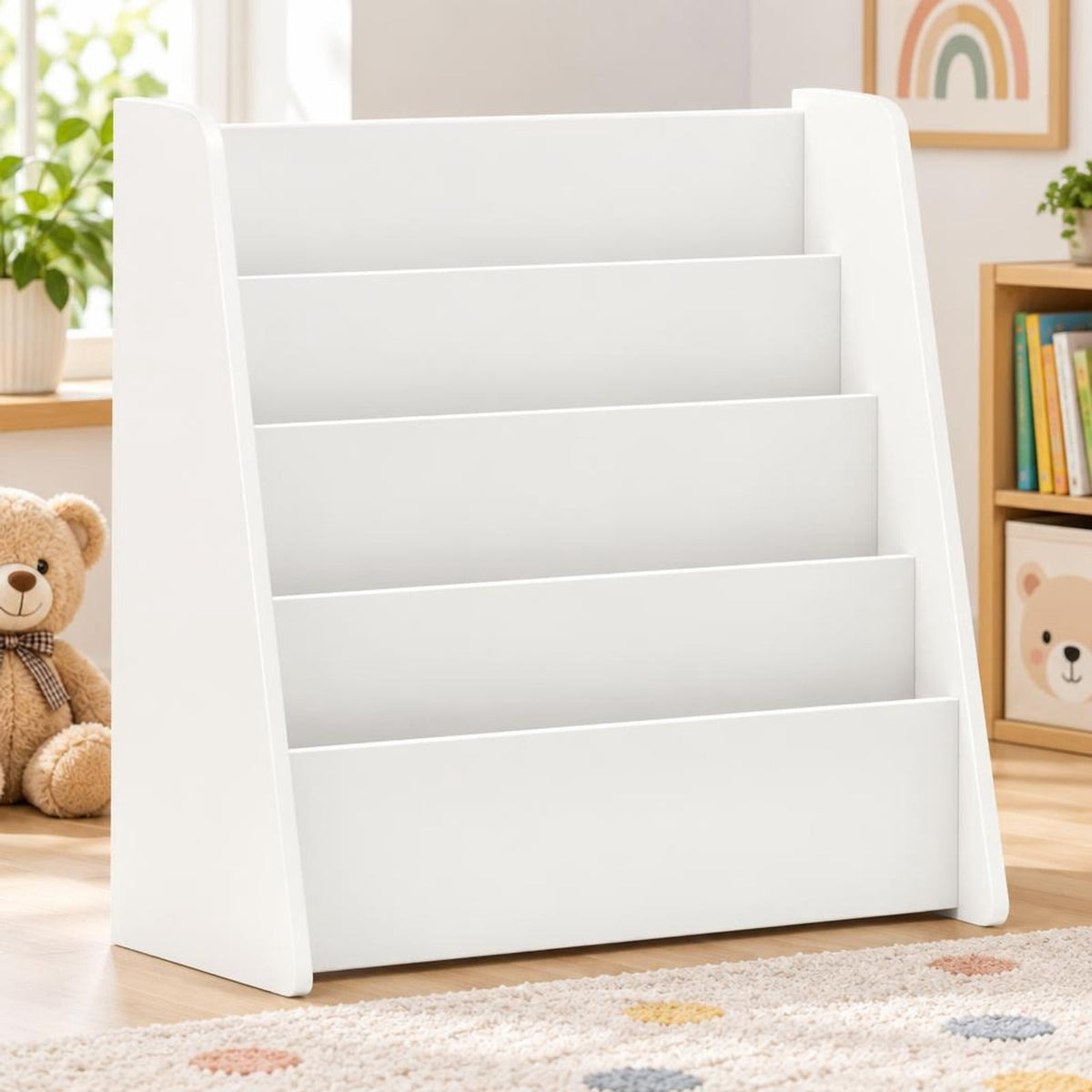Airfind 4-Tier Kids Bookshelf with Deep Compartments for Bedroom, White, 4 open and deep compartments for book storage