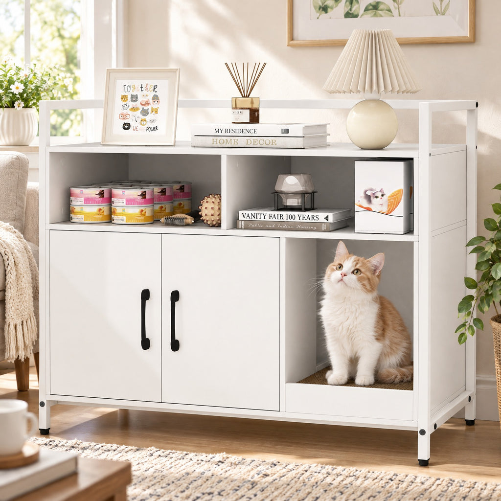 Airfind Hidden Cat Washroom with Double Doors and Scratch Cardboard, MDF Metal Frame, 35 x 17.5 x 29.5 Compartment Footprint, White