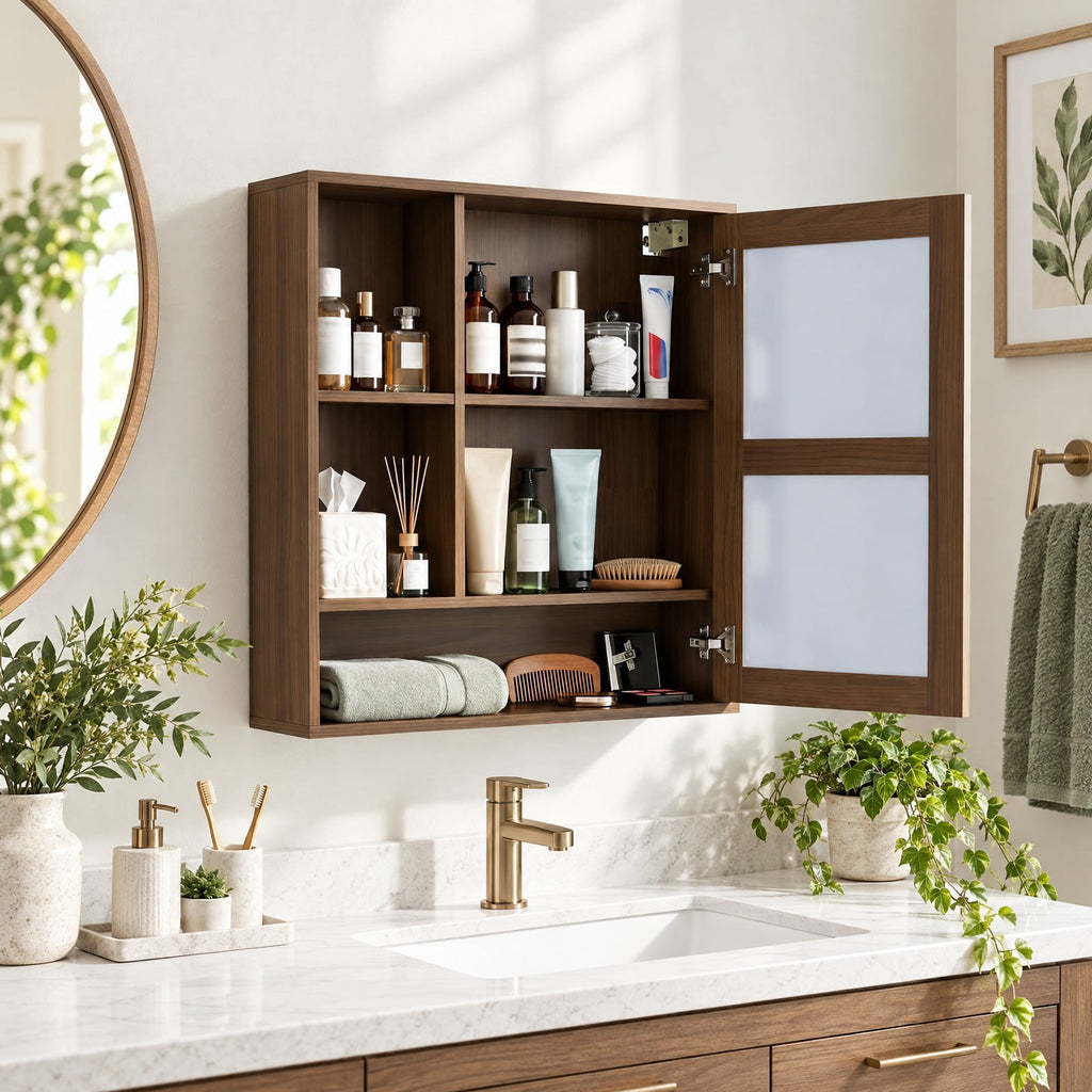 Airfind Wall-Mounted Mirror Cabinet with 2 Hidden Shelves and 3 Open Compartments, 22 lbs Capacity, Engineered Wood Frame, 22 x 6 x 24 Footprint