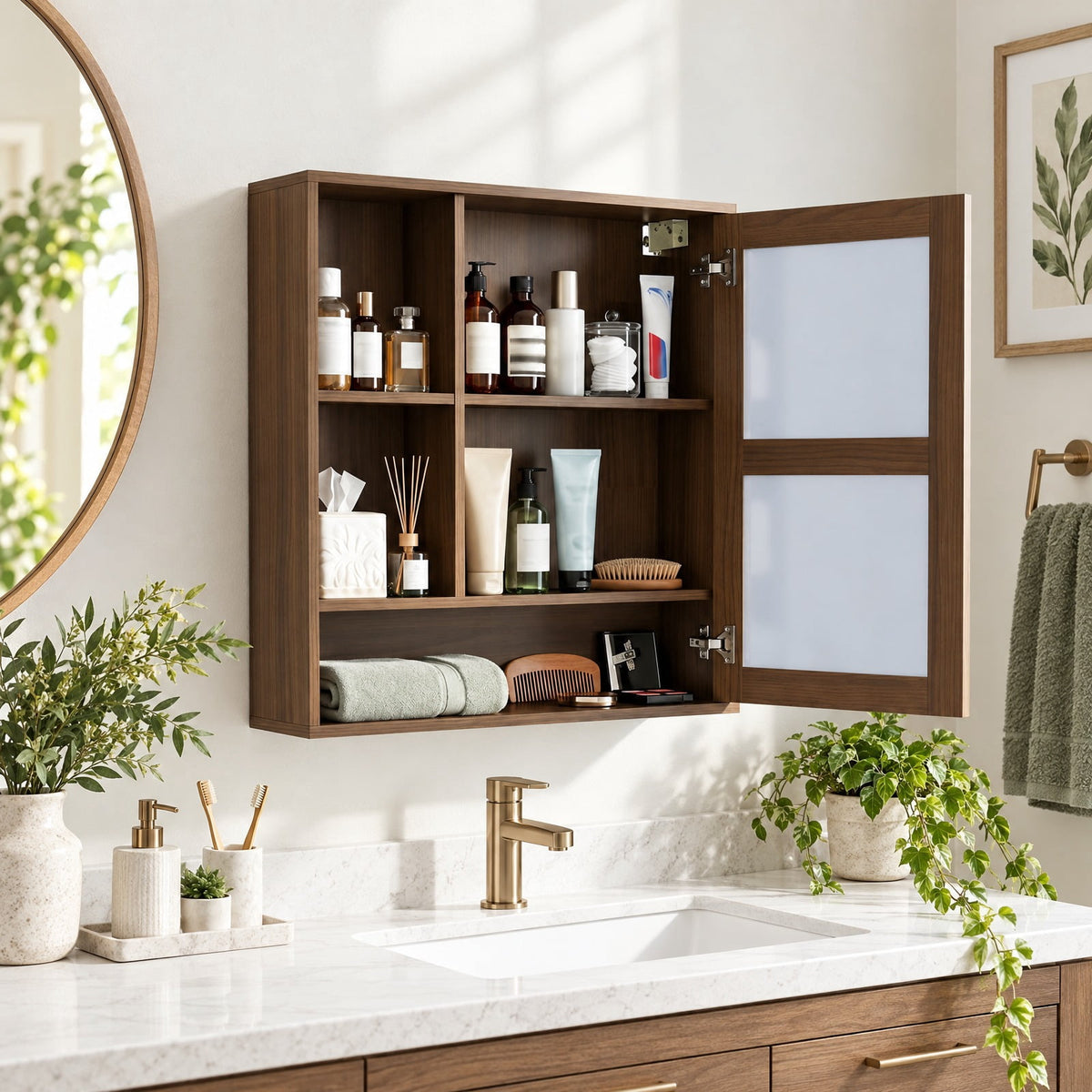 Airfind Wall-Mounted Mirror Cabinet with 2 Hidden Shelves and 3 Open Compartments, 22 lbs Capacity, Engineered Wood Frame, 22 x 6 x 24 Footprint