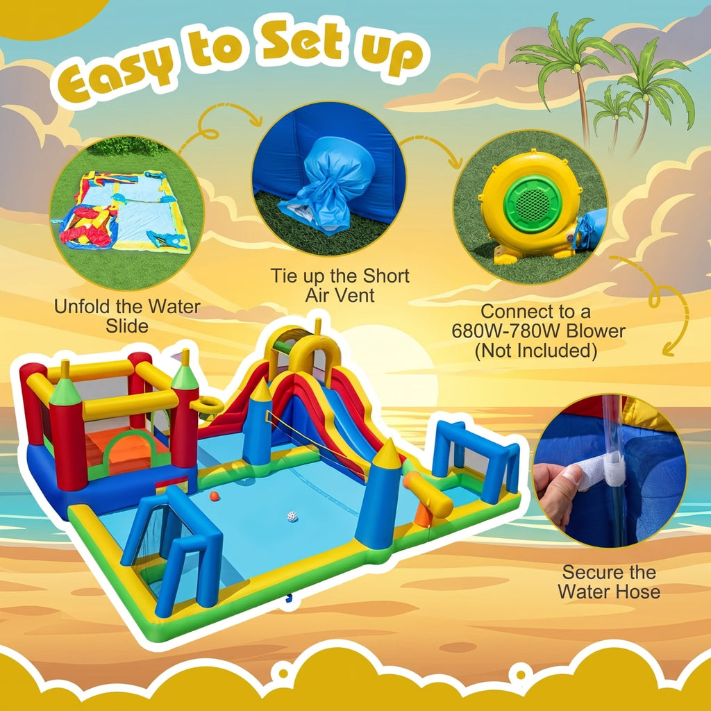 Airfind 9-in-1 Inflatable Water Slide Jumping Castle with Climbing Wall, Basketball Hoop, Football Goals and Volleyball Net, 197in x 161in x 75in for Kids 3-12
