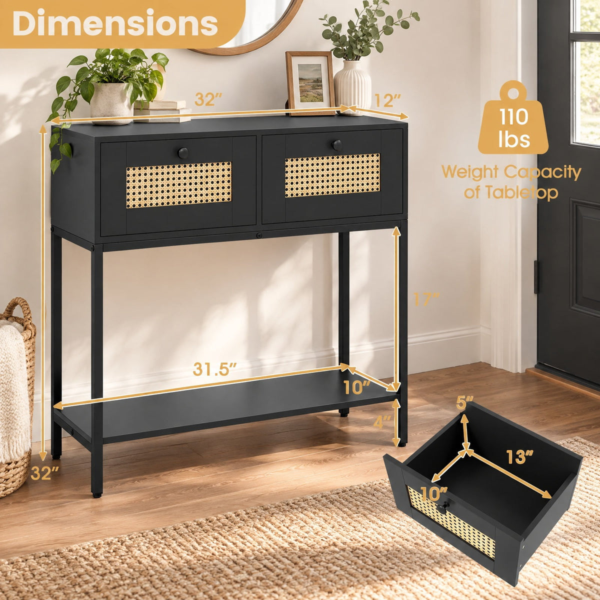 Airfind Rattan Console Table Boho Entryway Table with 2 Rattan Drawers and Open Storage Shelf, 88 lbs Capacity, Black