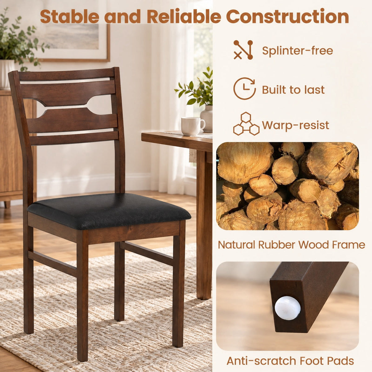 Airfind Wooden Dining Chair Set of 2 with PU Leather Padded Seat and Rubber Wood Frame, 285 lbs Capacity, Rubber Wood Frame, Walnut