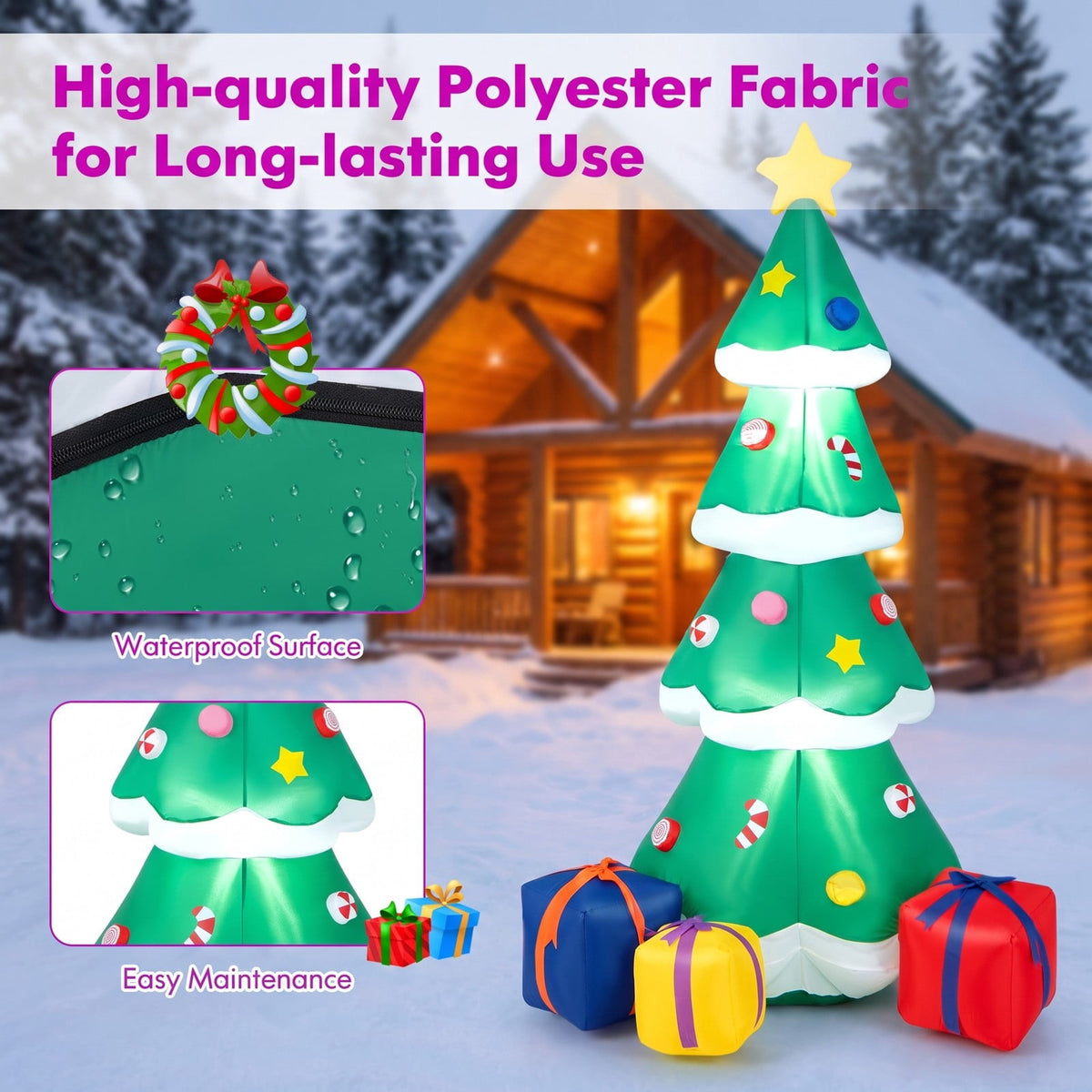Airfind 6 Feet Tall Blow up Christmas Tree with 3 Gift Boxes, Polyester fabric Frame, 2.5ft x 2.3ft x 6ft Footprint, Multicolored
