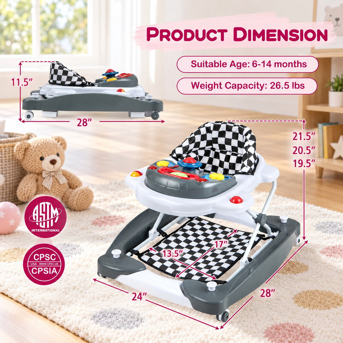 Airfind 6-in-1 Foldable Youth Walker featuring Adjustable Height, 26.5 lbs Capacity, PP Frame, for 6-14 Months, 28 Inch x 24 Inch x 19.5 Inch, Gray
