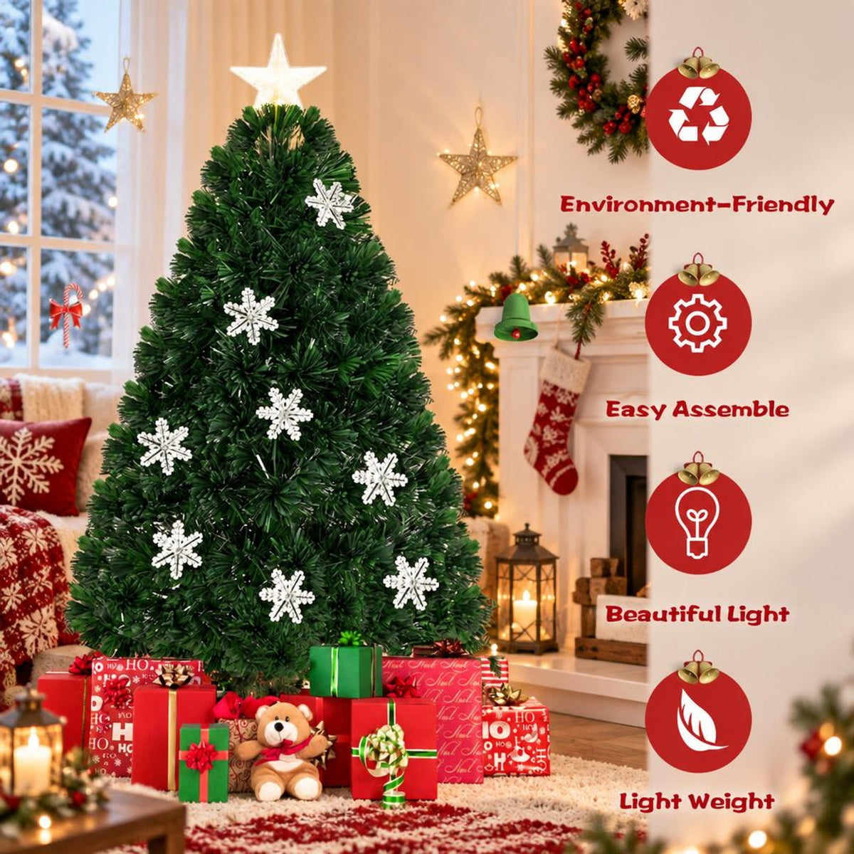 Airfind LED Optic Artificial Christmas Tree with Snowflakes-4 Feet, PVC Frame, 2.4 x 5 (Diameter x H) Height: 5 ft Weight: About 8 lbs Footprint