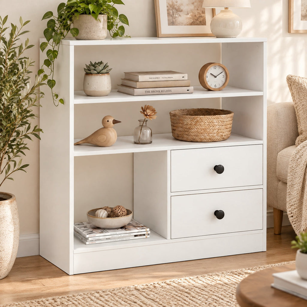 Airfind Open Storage Cabinet with 3 Open Compartments and 2 Drawer, 44 lbs Capacity, Engineered Wood Fabric Frame, 27.5 x 12 x 27.5 Footprint