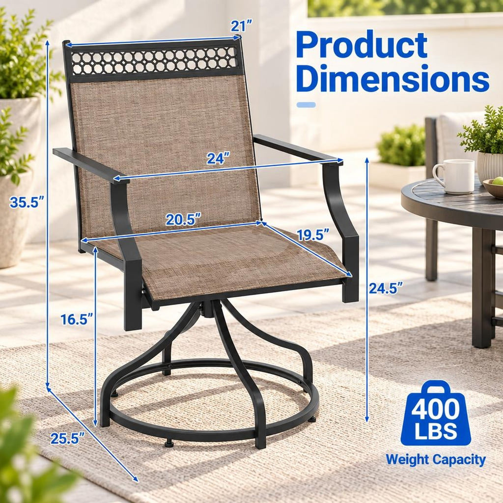Airfind Patio Swivel Dining Chairs Set of 2 with Heavy-duty Metal Frame and Armrests, Chair 400 lbs Capacity, Fabric Metal PP Frame, Brown