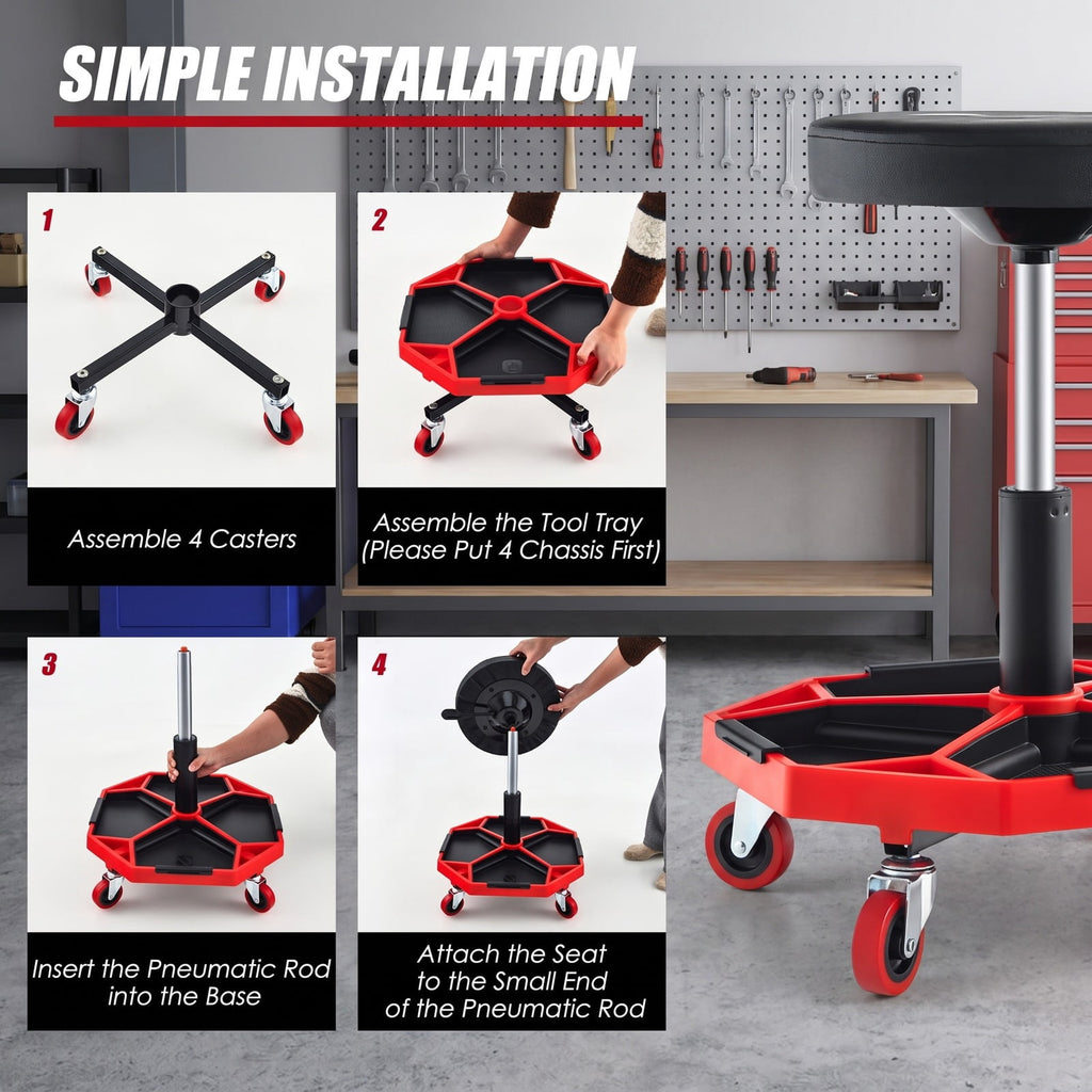 Airfind 330 LBS Capacity Pneumatic Rolling Mechanic Stool with Padded Seat, 20 x 20 x 16 inch Footprint, Red