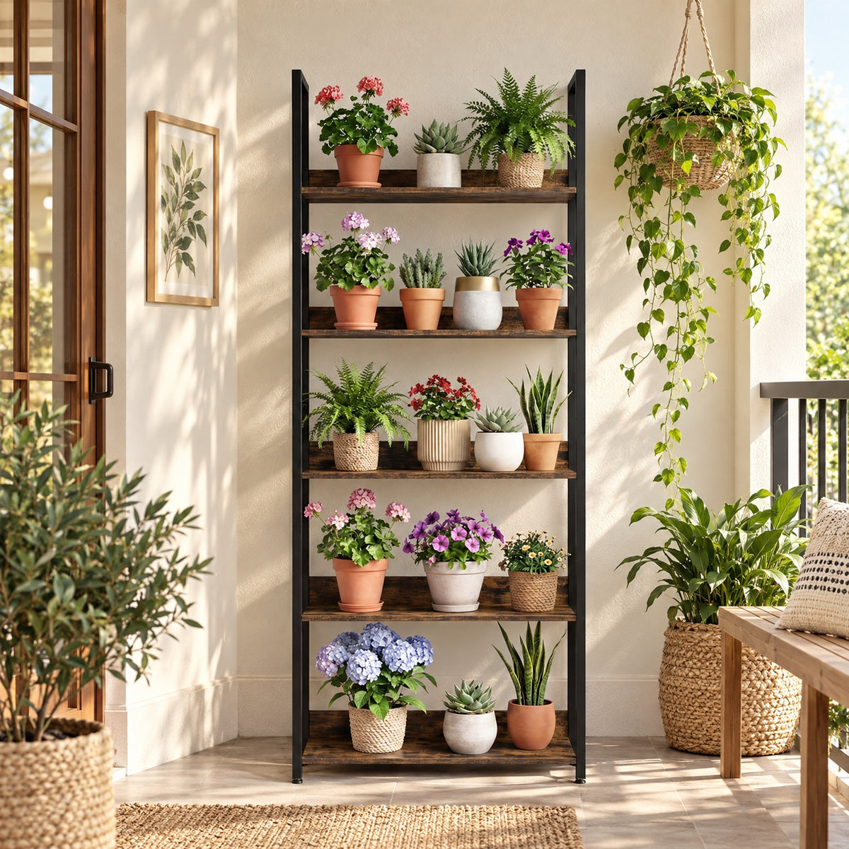Airfind Bookshelf, 5-Tier, Tall Wooden Open Bookcase with Back Panels, 33 lbs Capacity, Engineered Wood Metal Frame, 24 Inch x 12 Inch x 61 Inch Footprint, Brown