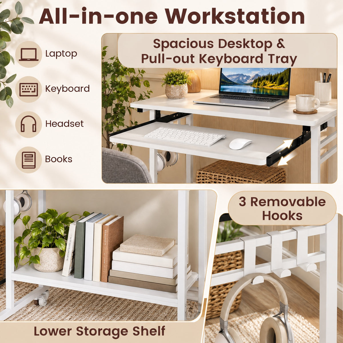 Airfind Rolling Laptop Table with Pull-out Keyboard Tray and Hooks, Engineered Wood Metal Frame, 31.5 x 19.5 x 31 Footprint, White