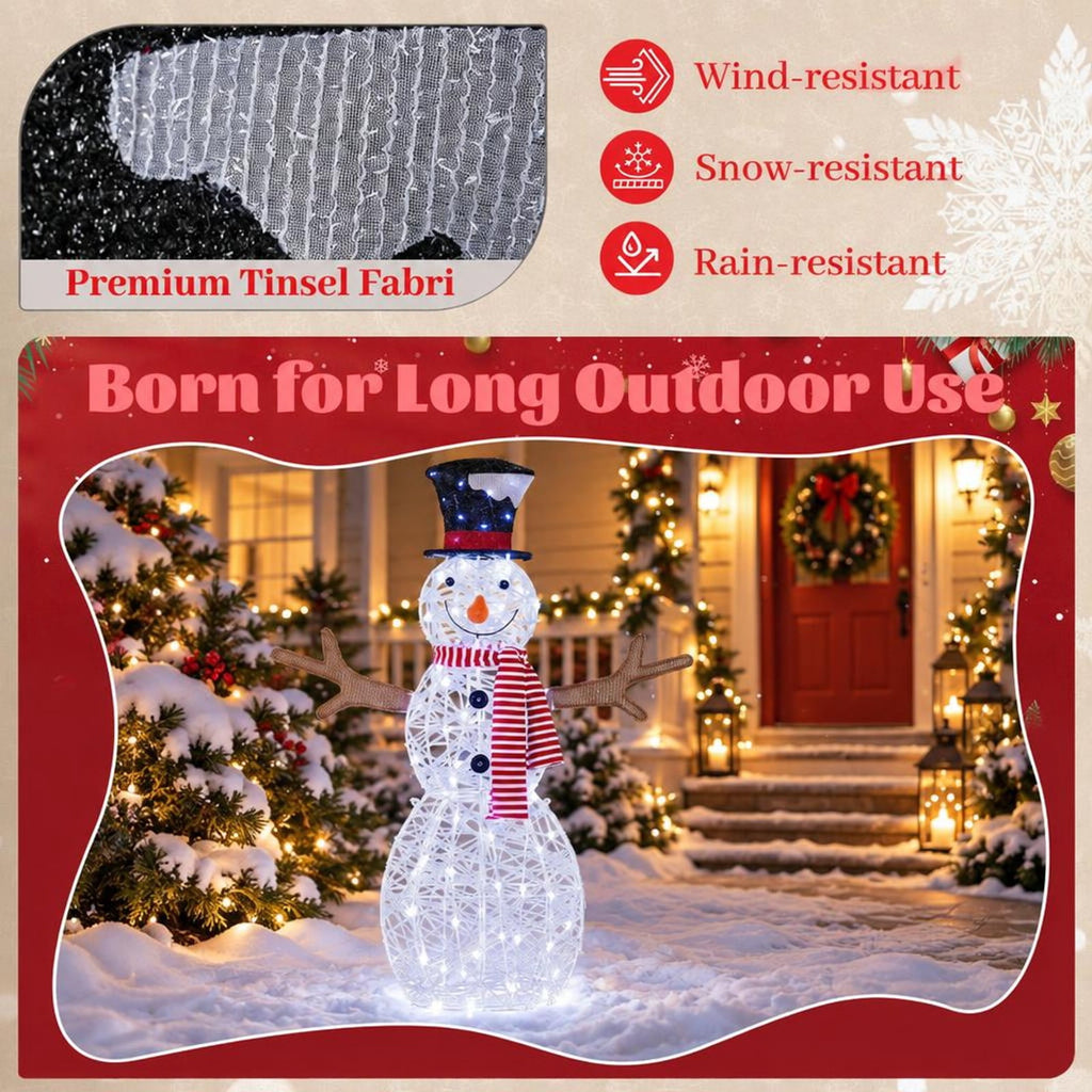 Airfind Lighted Snowman Christmas Decoration with Cold White LED Lights, Metal Tinsel Fabric Frame, 33in x 10in x 43in Length of Footprint, White