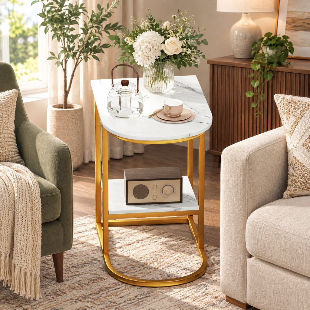 Airfind C-shaped Modern Sofa Side Table with Faux Marble Tabletop and Storage Shelf, 66 lbs Capacity, Engineered Wood Metal Frame, White