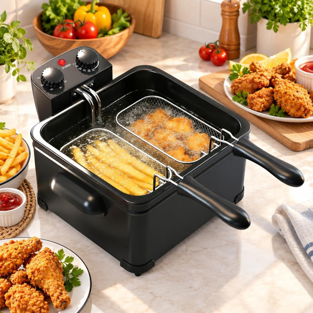 Airfind Electric Deep Fryer 5.3QT/21-Cup Stainless Steel 1700W featuring Triple Basket, Stainless Steel Iron Frame, 12 Inch x 11 Inch x 8.5 Inch Footprint, Black