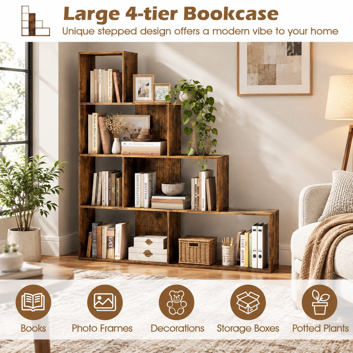 Airfind 4-Tier Stepped Bookshelf Freestanding Ladder Storage Shelf with 6 Cubes, 400 lbs Capacity, Engineered Wood Frame, 60in x 11in x 64in Footprint