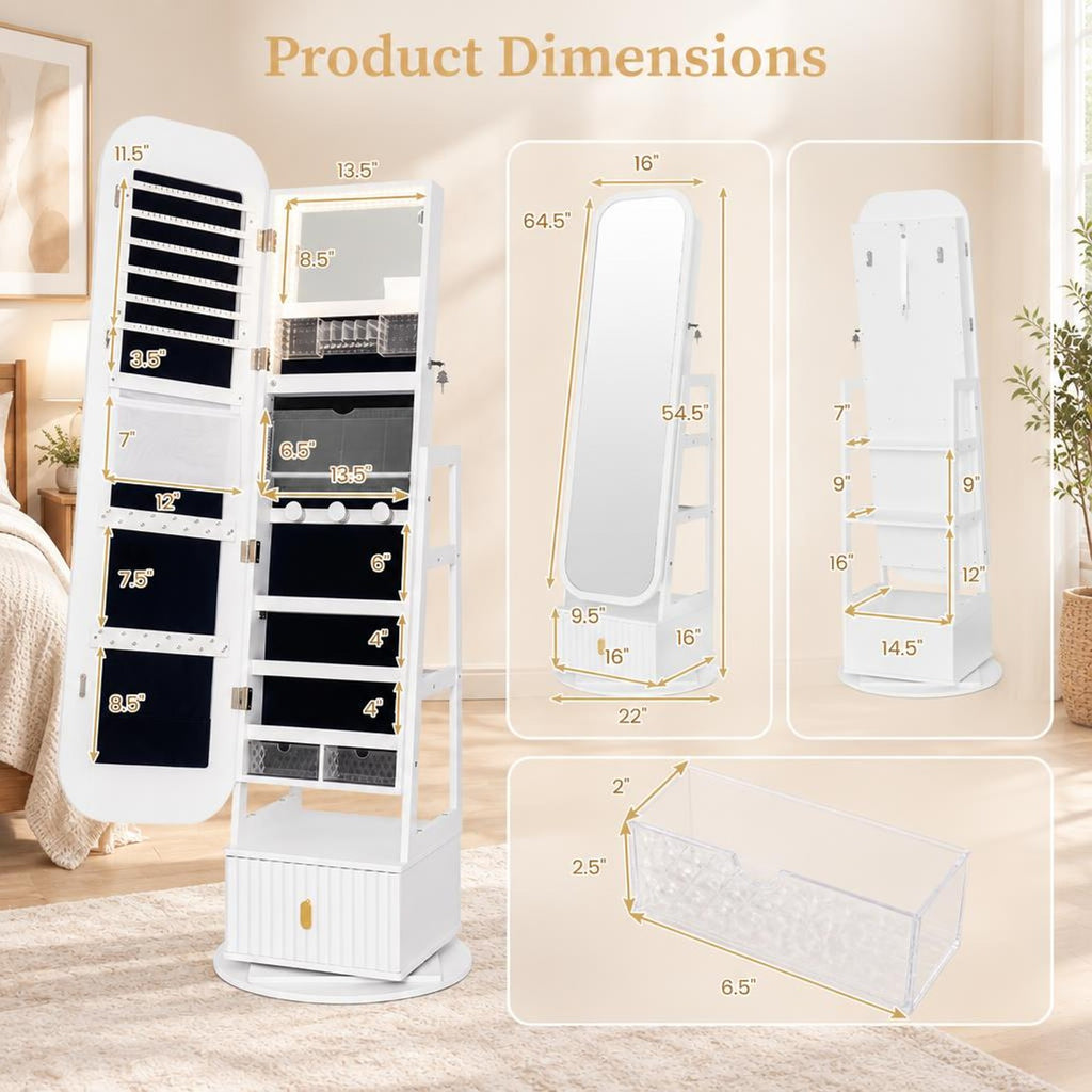 Airfind 360° Swivel Jewelry Cabinet with Full-Length Mirror and Dual Hooks, Engineered Wood Frame, 22 x 22 x 64.5 Footprint, White