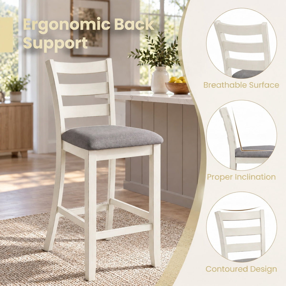 Airfind Counter Height Chairs with Fabric Seat and Rubber Wood Legs, 330 lbs Capacity, Linen Fabric Sponge Rubber Wood Plywood Frame, Beige