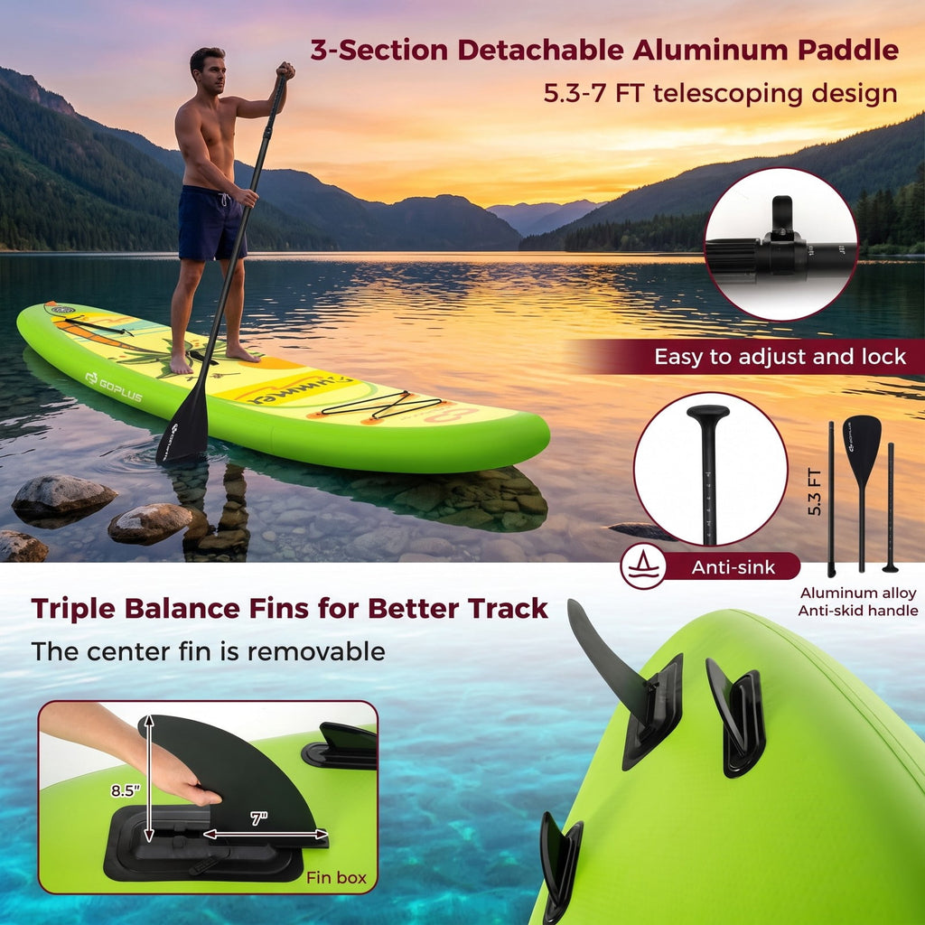 Airfind Inflatable Stand Up Paddle Board with 3 Fins and Telescoping Aluminum Paddle for Beginners and Seasoned Paddlers, Green and Yellow