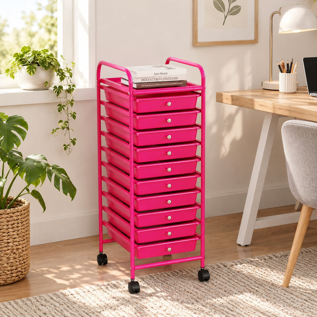 Airfind 10 Drawer Rolling Storage Cart Organizer with 4 Universal Casters, 3 lbs Capacity, Steel Plastic Frame, Pink