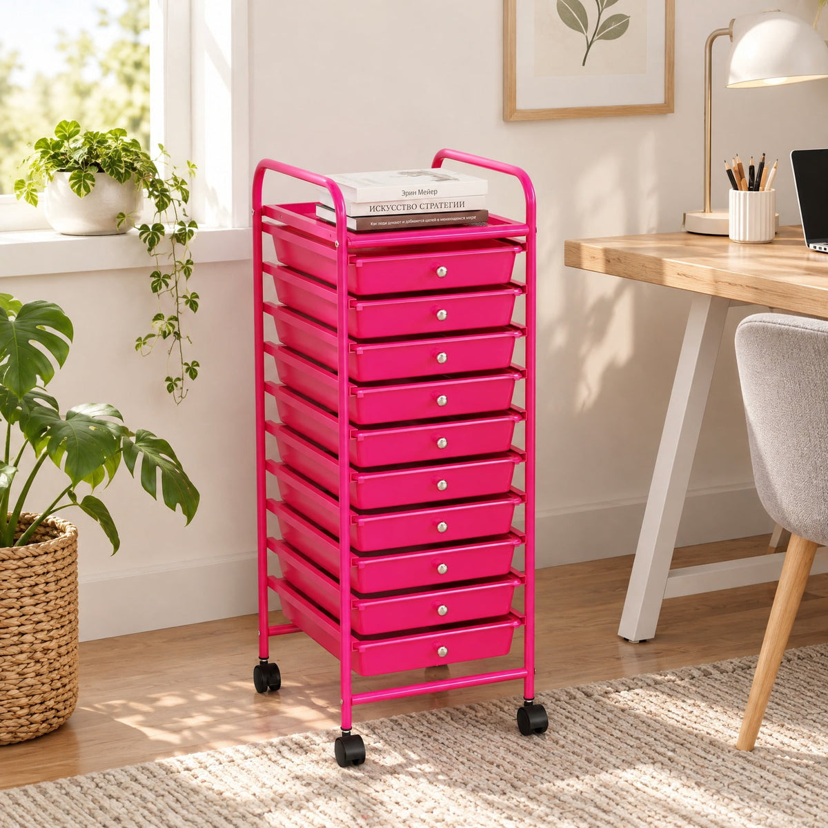 Airfind 10 Drawer Rolling Storage Cart Organizer with 4 Universal Casters, 3 lbs Capacity, Steel Plastic Frame, Pink