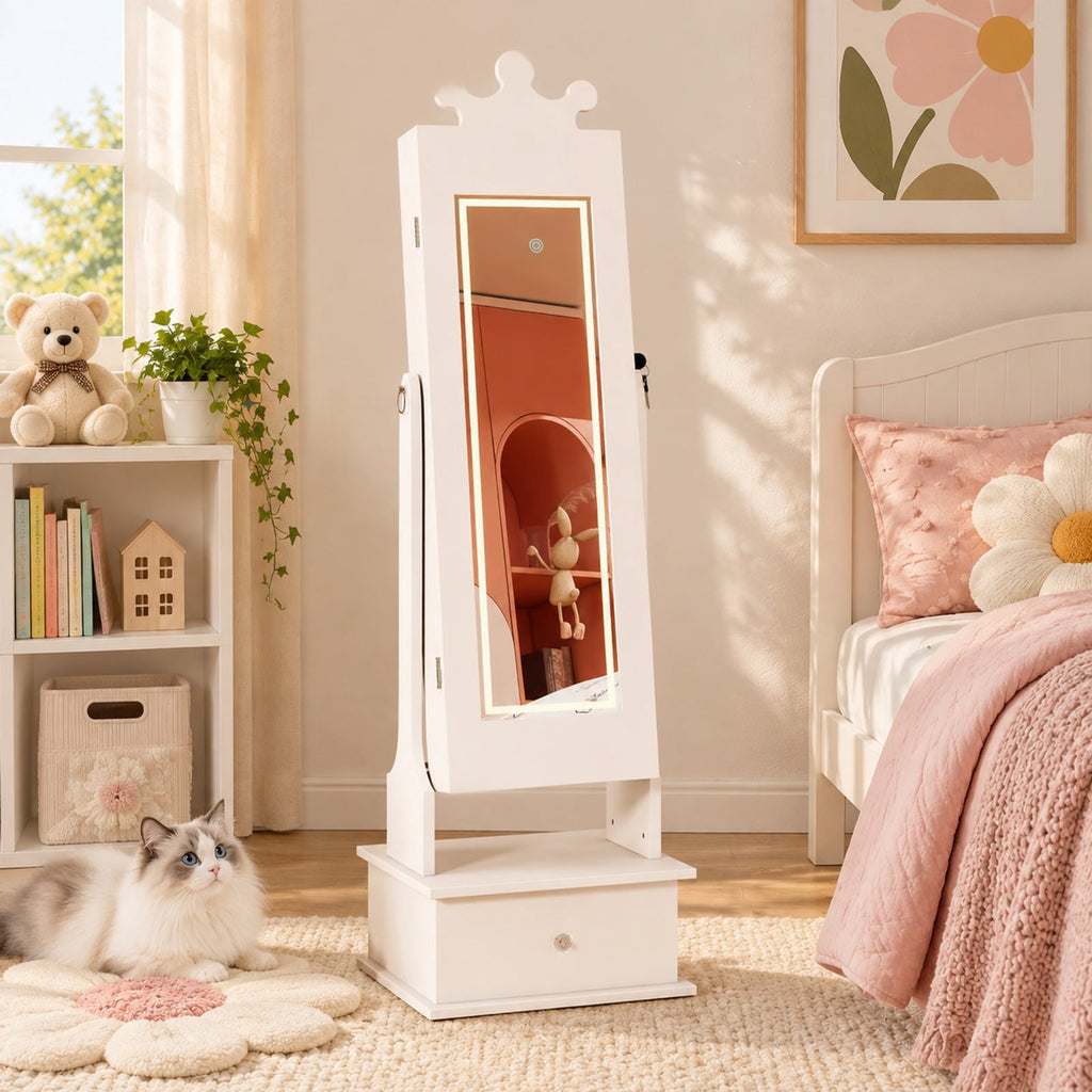 Airfind Youth Jewelry Armoire with 3-Color Lighted Full Length Mirror and Inside Led Lights, MDF Glass, 13.5 Inch X 12 Inch X 45 Inch Full-length, White