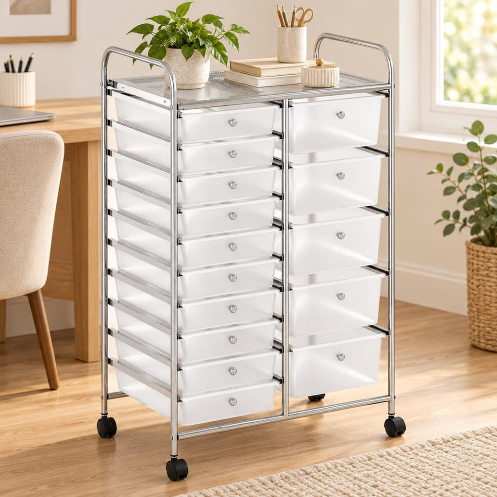 Airfind Rolling Storage Cart 15-Drawer Trolley with Chrome Plated Metal Frame, 22 lbs Capacity, Metal PP Frame, 24.5 × 15 × 38 Footprint