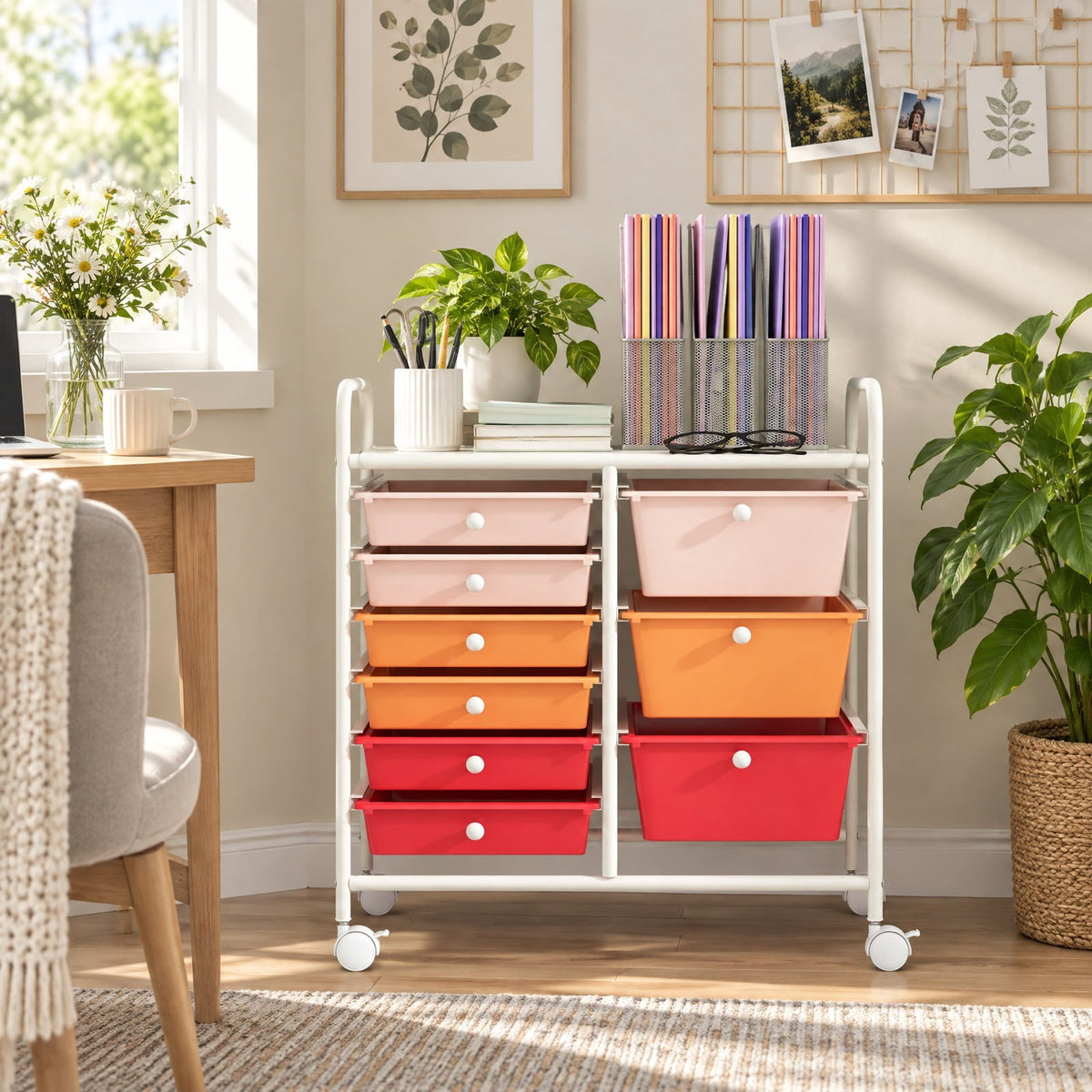 Airfind 9-Drawer Rolling Storage Cart with Colorful Drawers and Metal Frame, Metal Frame, 25 Inch x 14.5 Inch x 24.5 Inch (L x W x H) Large Drawer Footprint
